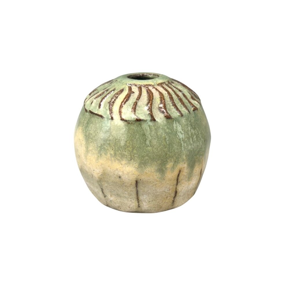 Unique Studio Art Pottery Bud Vase Green Off White Drip Glaze Round Signed 3.5"H